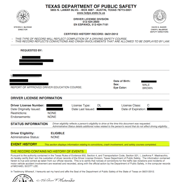 Official Texas DPS Driving Record Certified Type 3A Sunny Day 